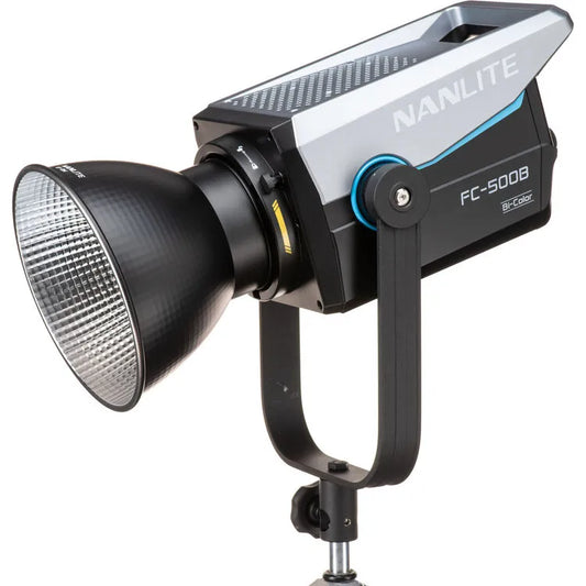 Nanlite FC-500B bi-colour LED spotlight on a light stand, angled side view with reflector.