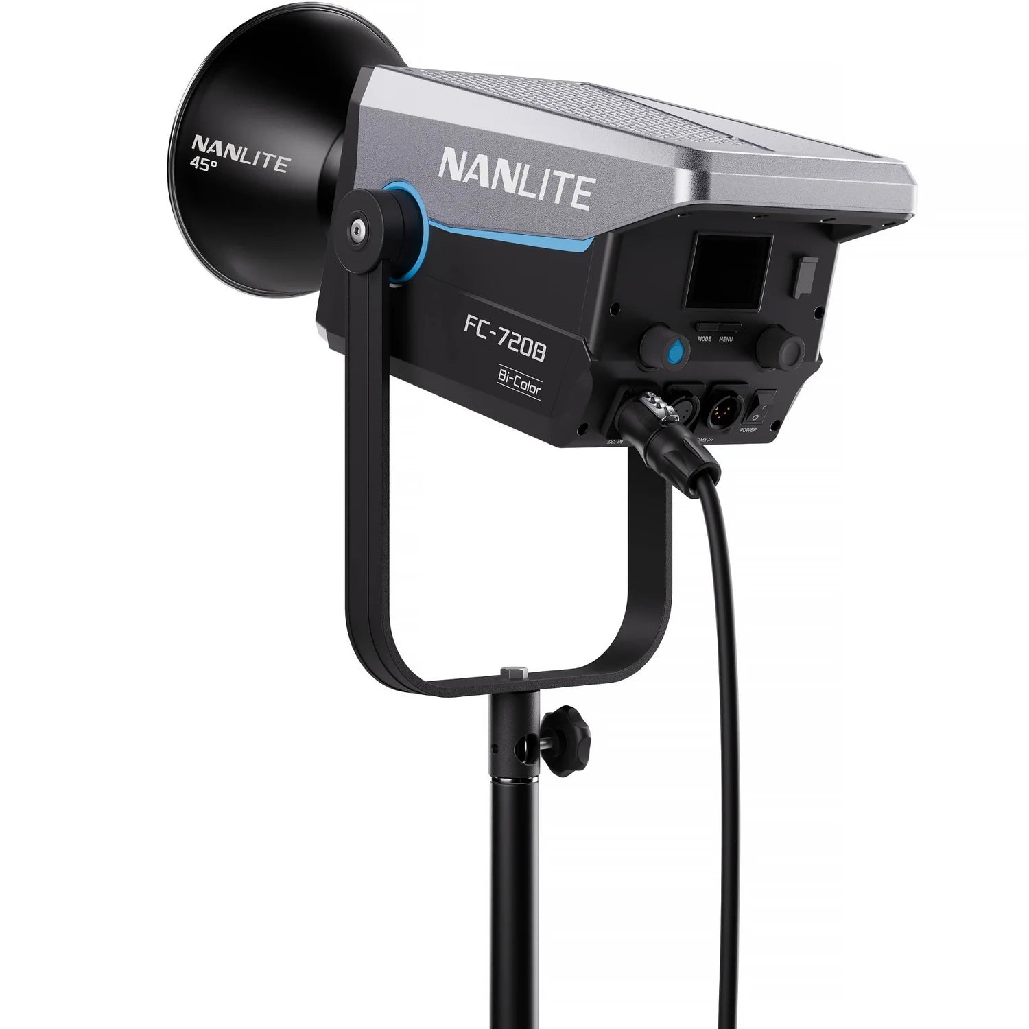 Nanlite FC-720B LED light rear angle showing control panel DMX ports and power input
