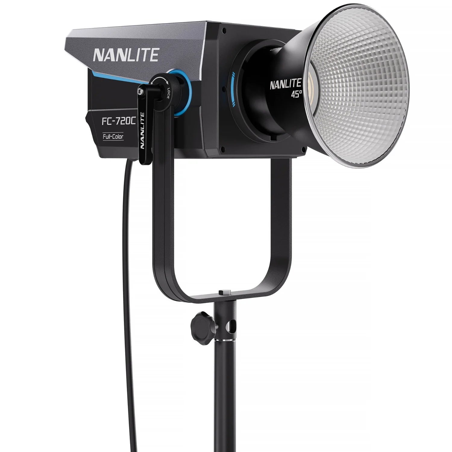 Nanlite FC-720C front angled view with reflector dish for focused full-colour light output