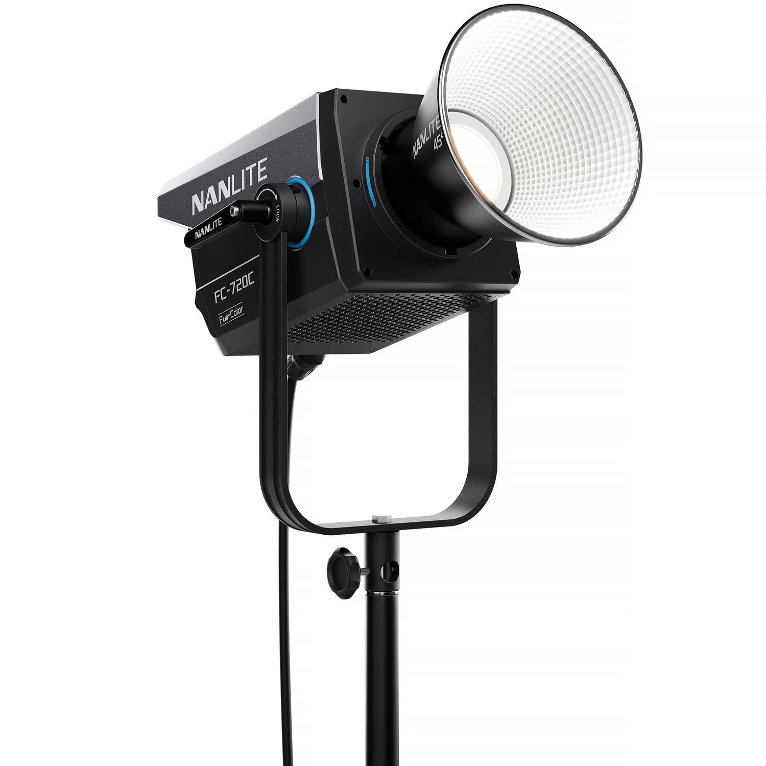 Nanlite FC-720C full-colour LED light front view mounted on light stand with reflector attached