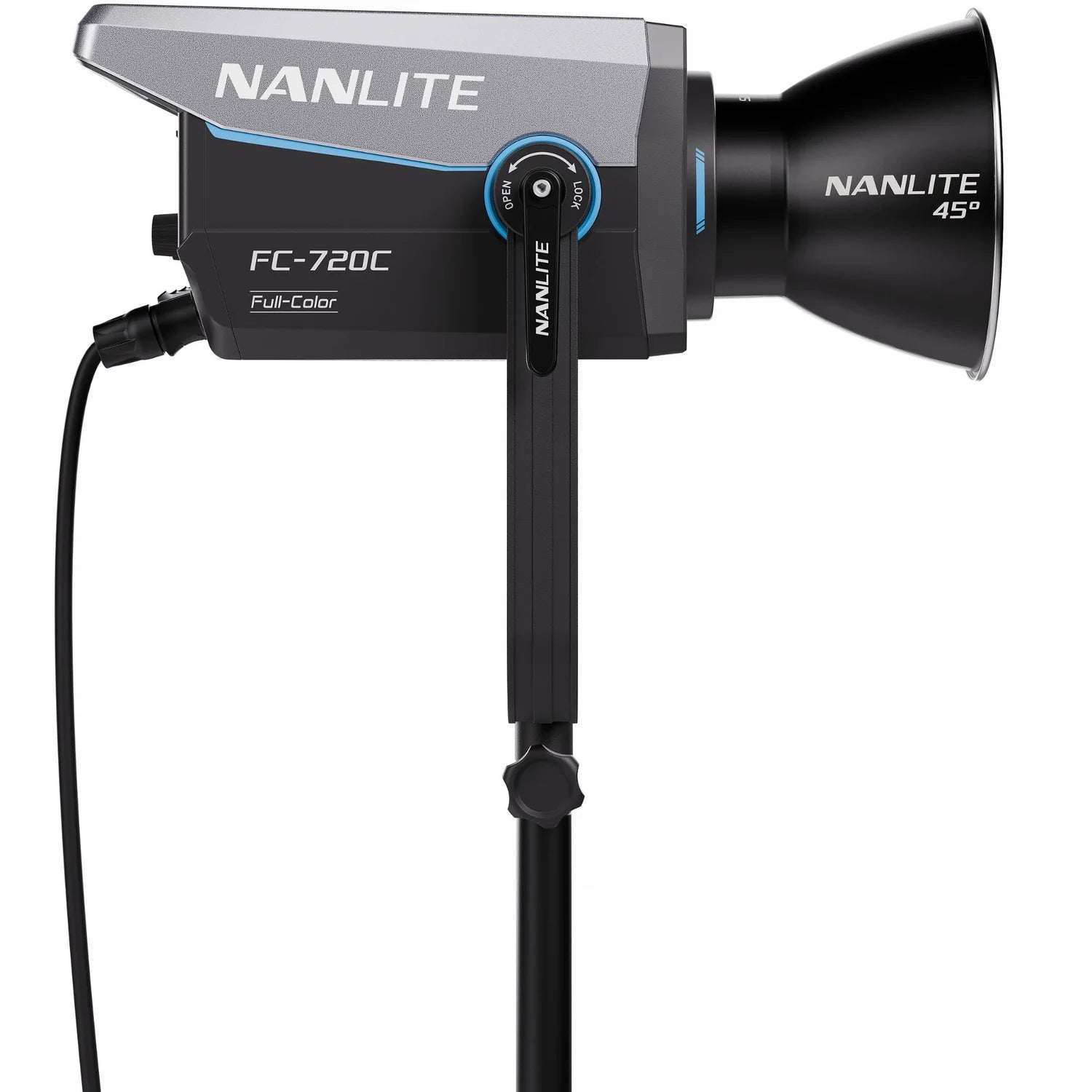Nanlite FC-720C full-colour LED light side profile with yoke mount and reflector installed