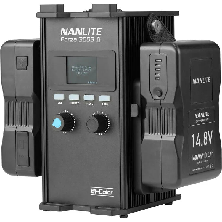 Nanlite Forza 300B II control unit with dual V-mount batteries attached, showing display screen, control knobs and Bi-Color branding.