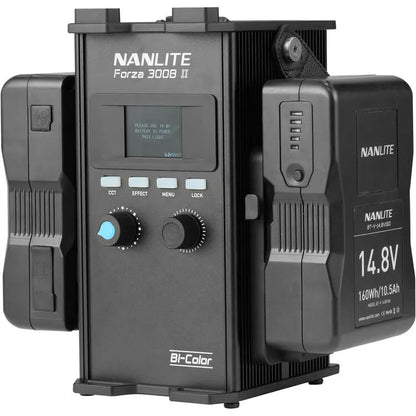 Nanlite Forza 300B II control unit with dual V-mount batteries attached, showing display screen, control knobs and Bi-Color branding.