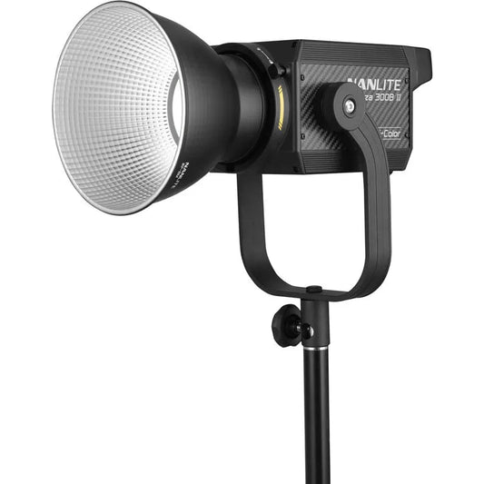 Nanlite Forza 300B II bi-colour COB spotlight side view with Bowens mount and reflector attached
