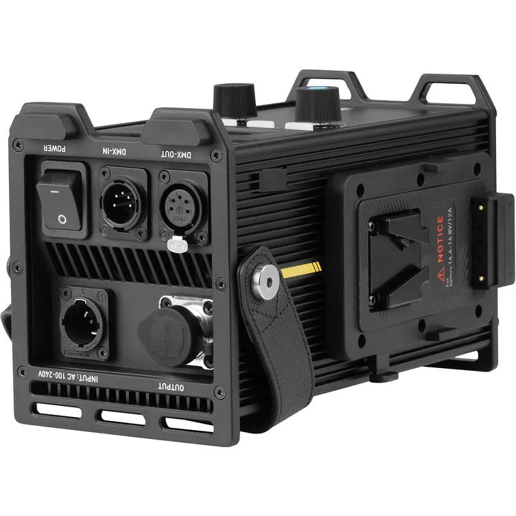 Nanlite Forza 300B II control unit rear view showing power switch, DMX in/out ports, AC input, output connector, and V-mount battery plate.