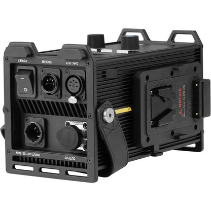 Nanlite Forza 300B II control unit rear view showing power switch, DMX in/out ports, AC input, output connector, and V-mount battery plate.