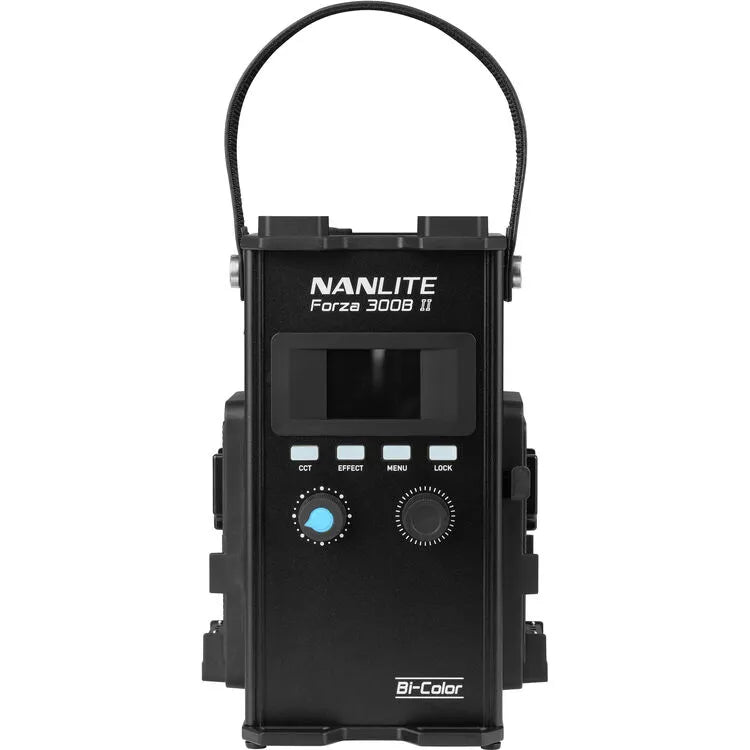 Front view of the Nanlite Forza 300B II control unit showing the display screen, mode buttons, and adjustment knobs.