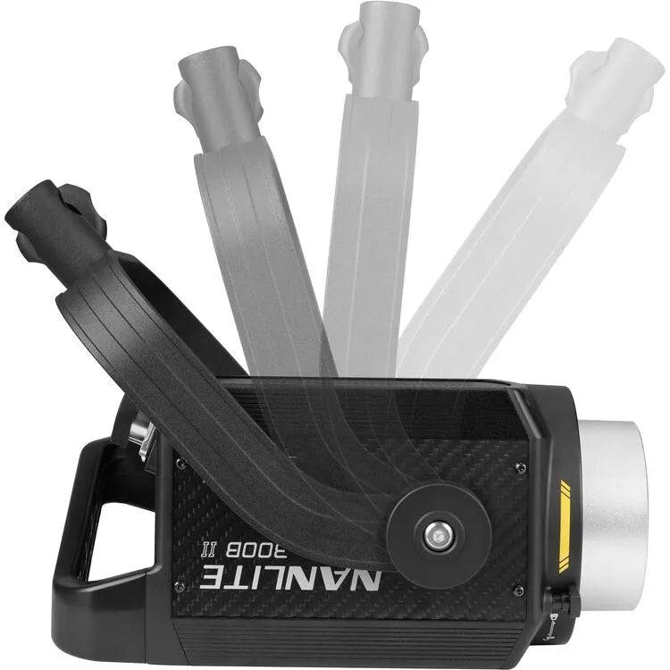 Side view of the Nanlite Forza 300B II showing the tilting yoke mount in multiple positions for adjustable light angle.