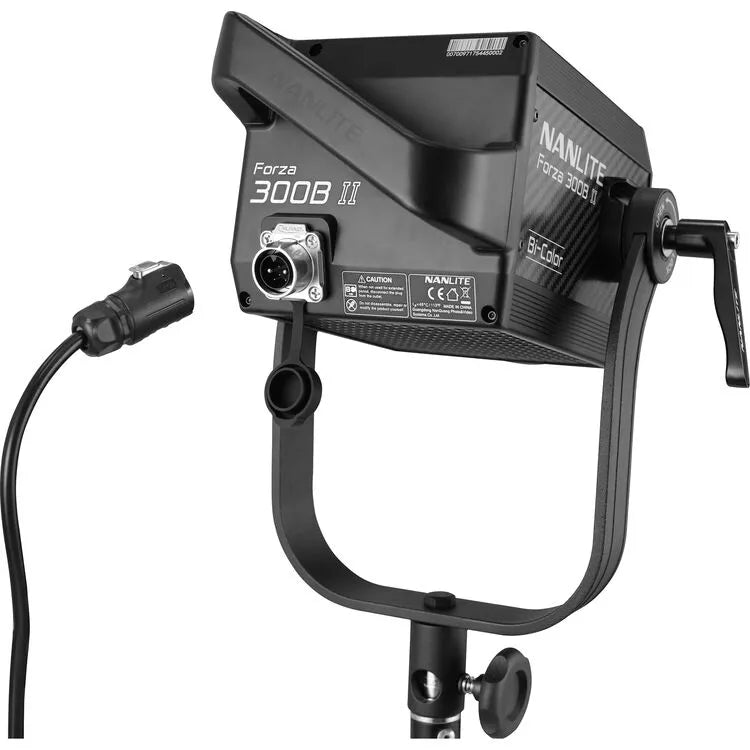 Rear view of the Nanlite Forza 300B II showing the power connector, bi-colour markings, and yoke mount on a light stand.