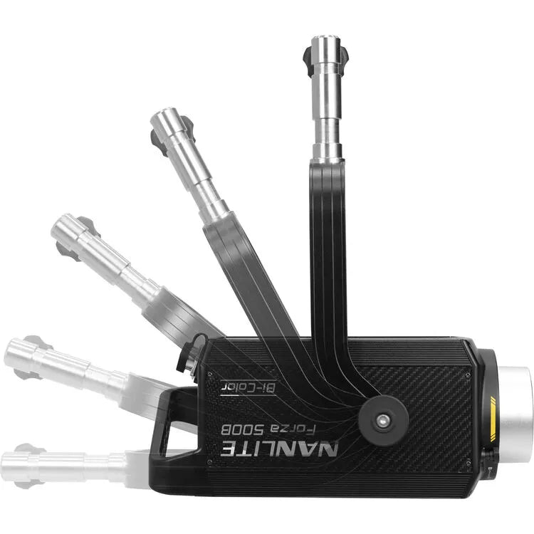 Side view of the Nanlite Forza 500B II showing its adjustable yoke rotation positions for flexible angle control.