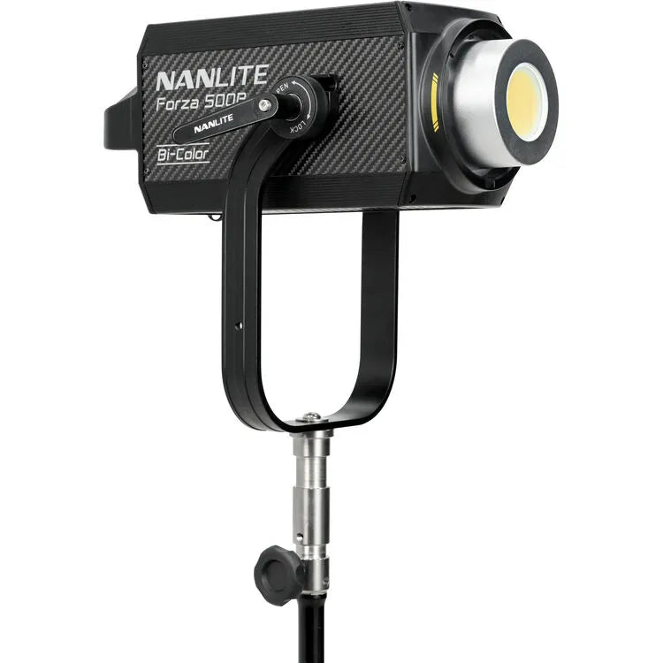 Nanlite Forza 500B II Bi-Color LED spotlight mounted on a light stand, side view showing COB chip and yoke mount.