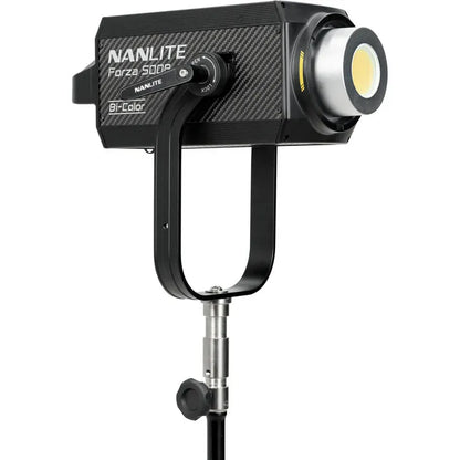 Nanlite Forza 500B II Bi-Color LED spotlight mounted on a light stand, side view showing COB chip and yoke mount.