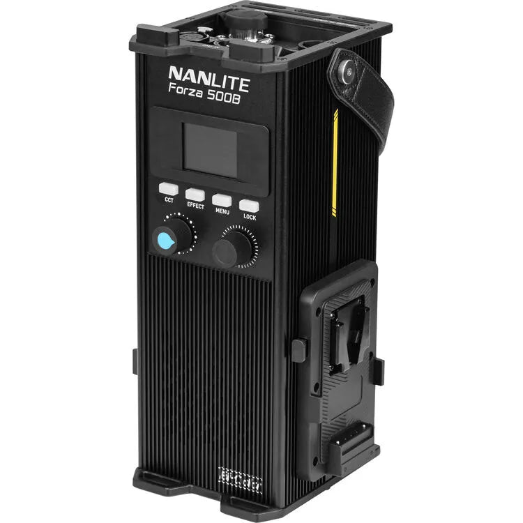 Nanlite Forza 500B II control unit with onboard display, control knobs, and V-mount battery plate, angled product view.