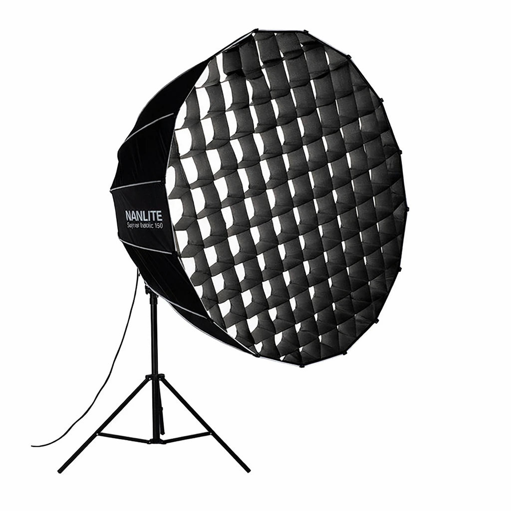 Nanlite 150cm parabolic softbox with honeycomb grid mounted on light stand for controlled cinematic lighting