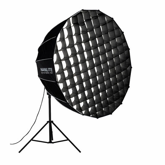 Nanlite 150cm parabolic softbox with honeycomb grid mounted on light stand for controlled cinematic lighting