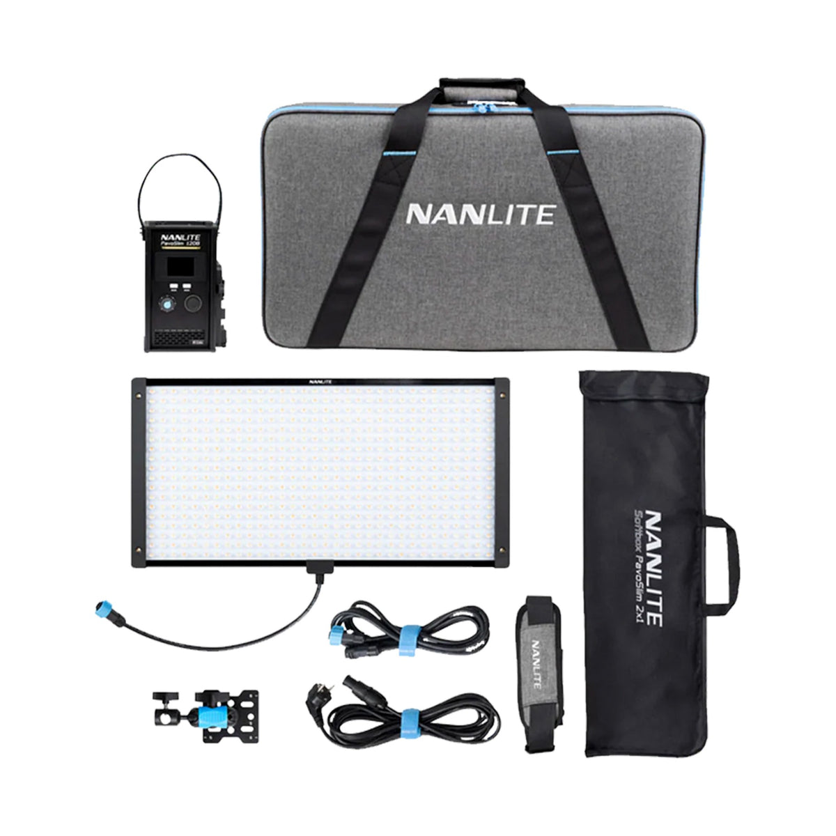 Full Nanlite PavoSlim 120B kit laid out: control unit, carry case, LED panel, softbox, power cables, and mounting bracket organized on white background.