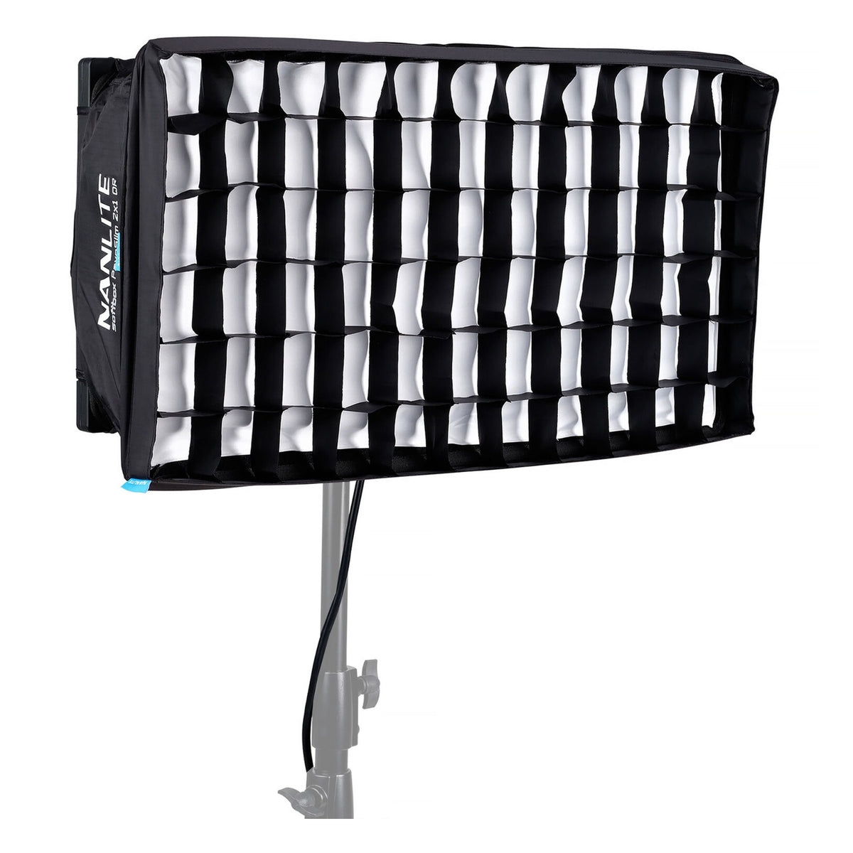 PavoSlim 120B equipped with black eggcrate diffusion grid mounted on stand, three-quarter angle showing grid pattern detail.