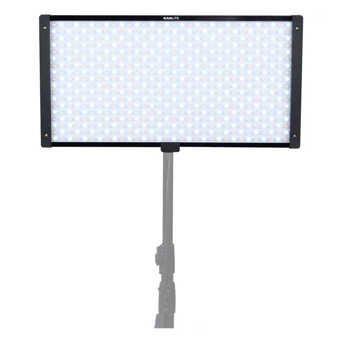 PavoSlim 120B LED panel illuminated with warm and cool tones, front-facing on stand against white background.