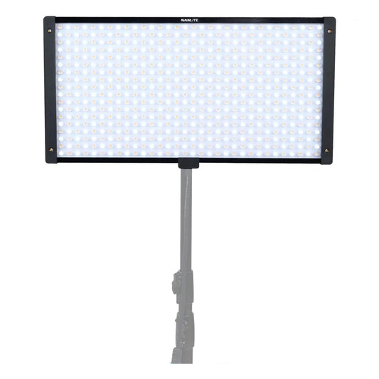 PavoSlim 120B LED panel illuminated with warm and cool tones, front-facing on stand against white background.