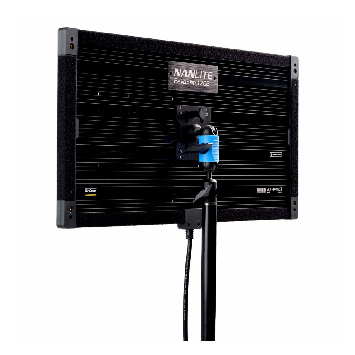 Rear face of PavoSlim 120B showing black heatsink fins, control interface, and attached XLR power cable with blue connector block.