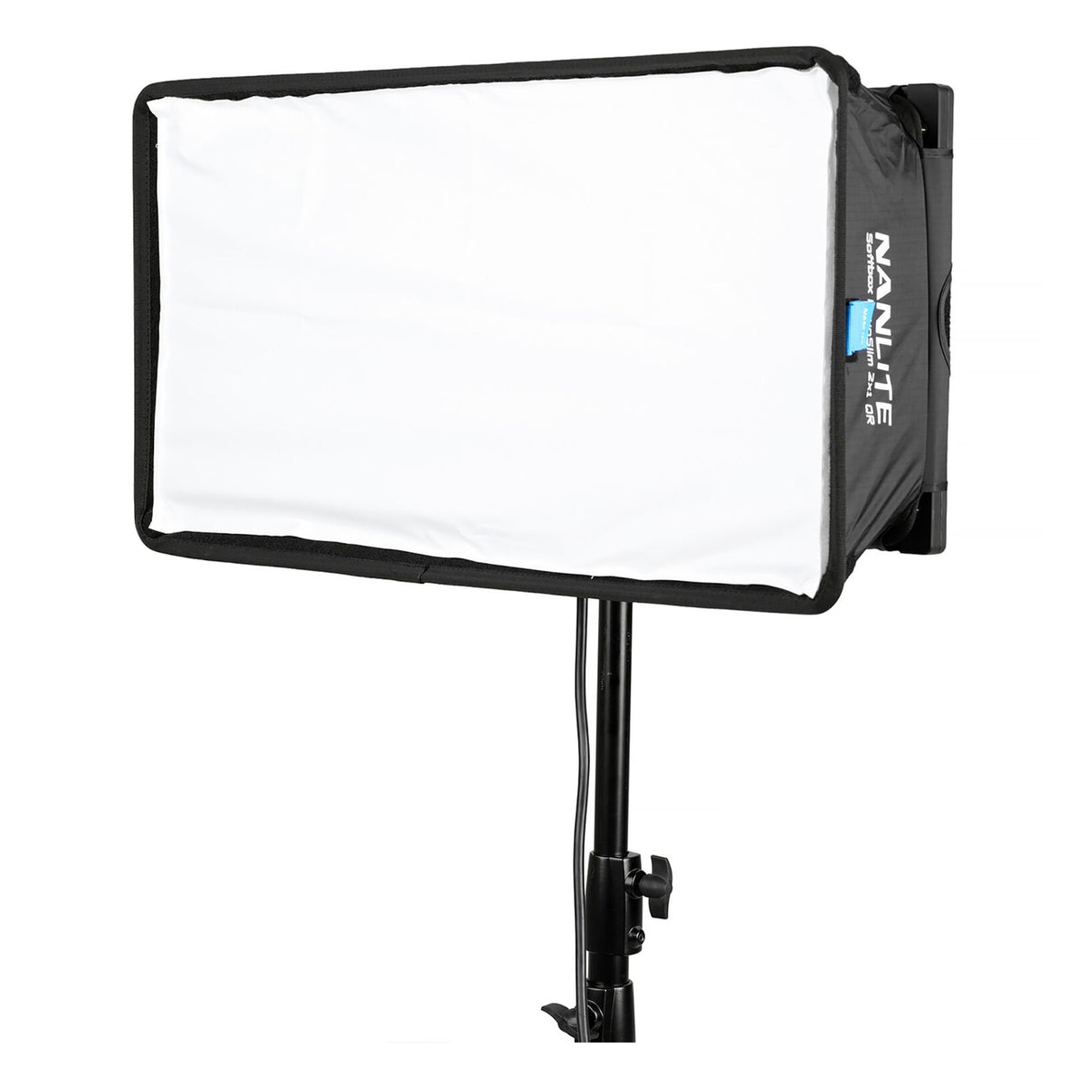 PavoSlim 120B fitted with white fabric softbox diffuser mounted on stand, angled three-quarter view.