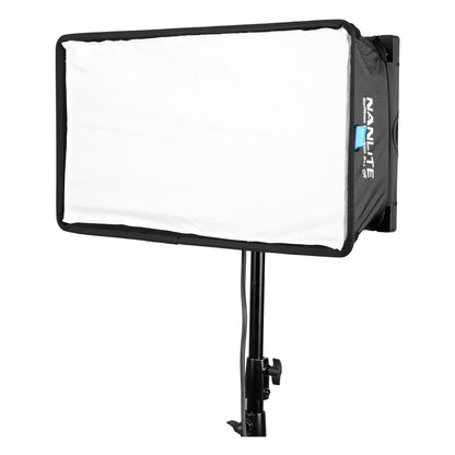 PavoSlim 120B fitted with white fabric softbox diffuser mounted on stand, angled three-quarter view.