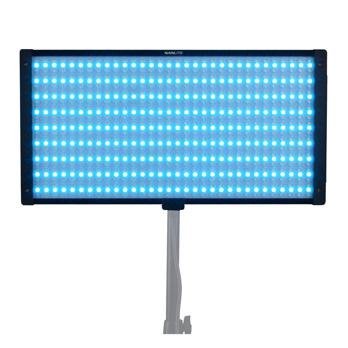 PavoSlim 120C mounted on stand with cool white and cyan blue LEDs illuminated across the full panel.