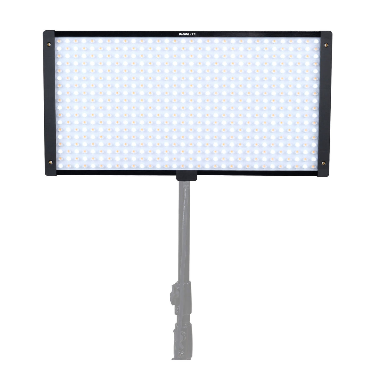 PavoSlim 120C mounted on stand with warm white and amber LEDs illuminated across the full panel.