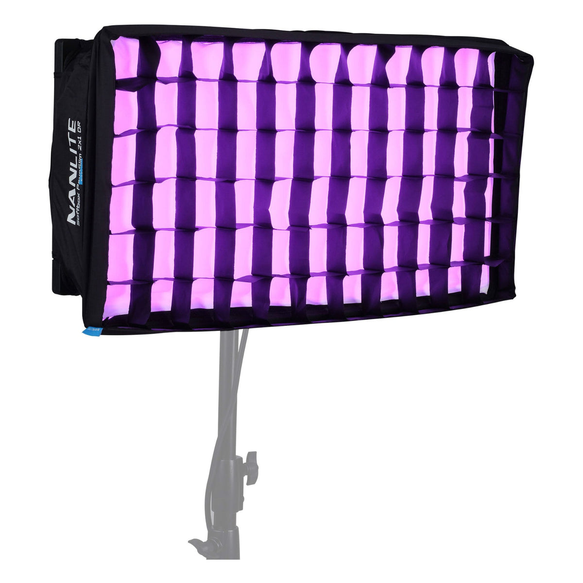 PavoSlim 120C with snap-on egg-crate grid softbox showing magenta-pink light output with egg crate clearly visible.