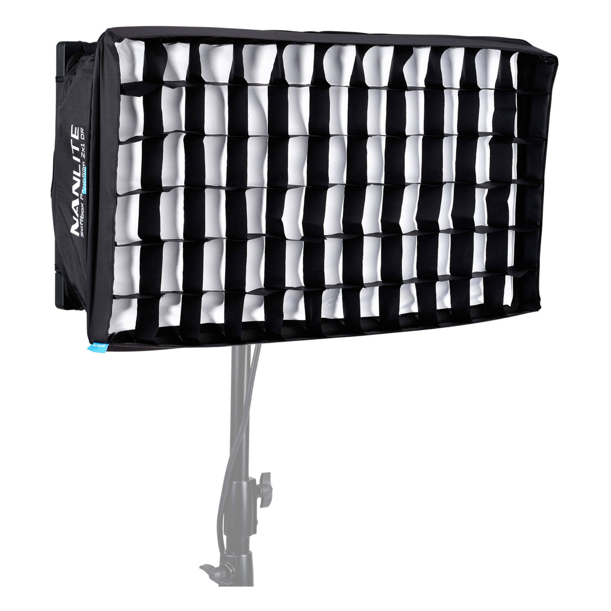 PavoSlim 120C equipped with snap-on egg-crate grid softbox showing white light output with internal grid structure visible.