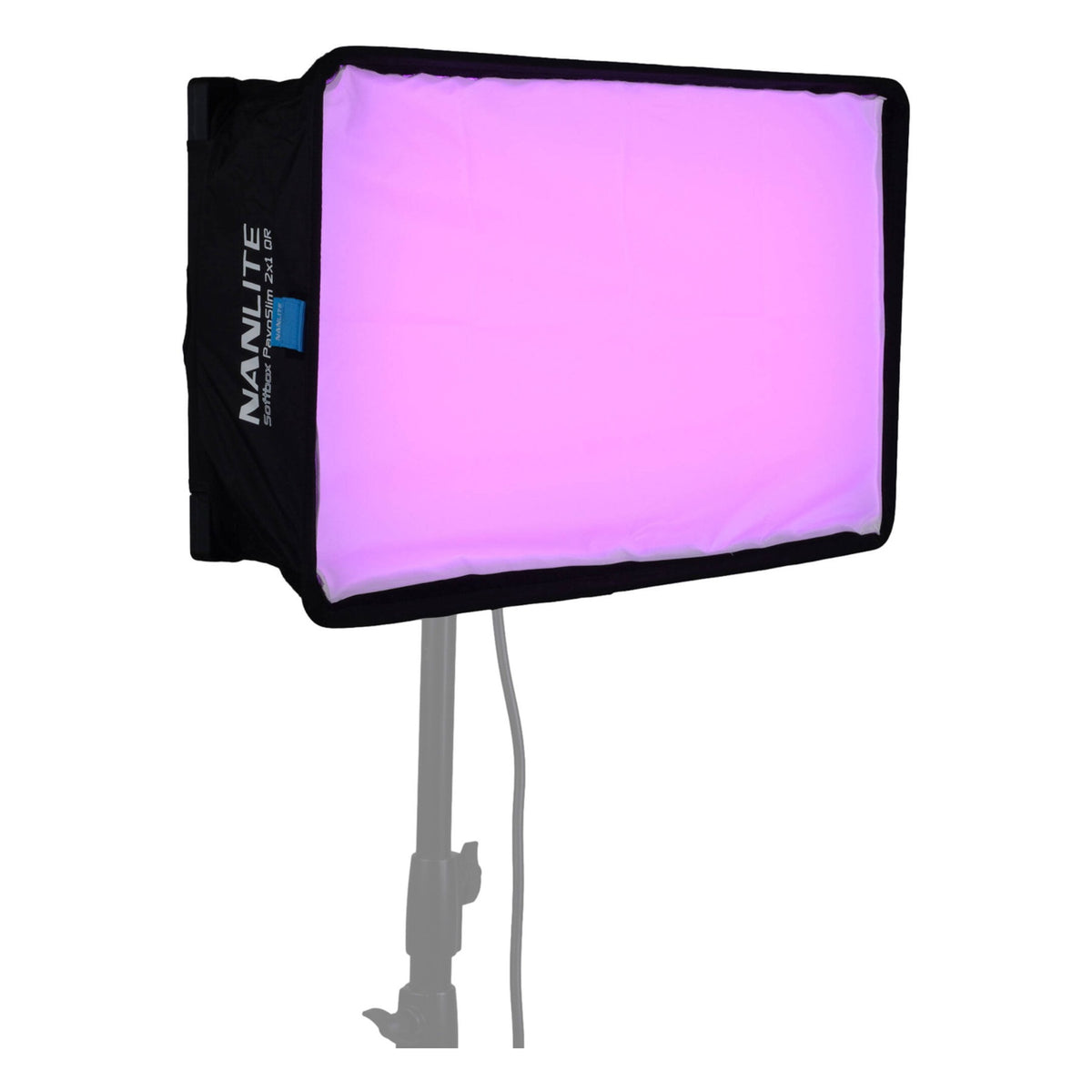 PavoSlim 120C equipped with black softbox frame emitting solid magenta-pink light output.