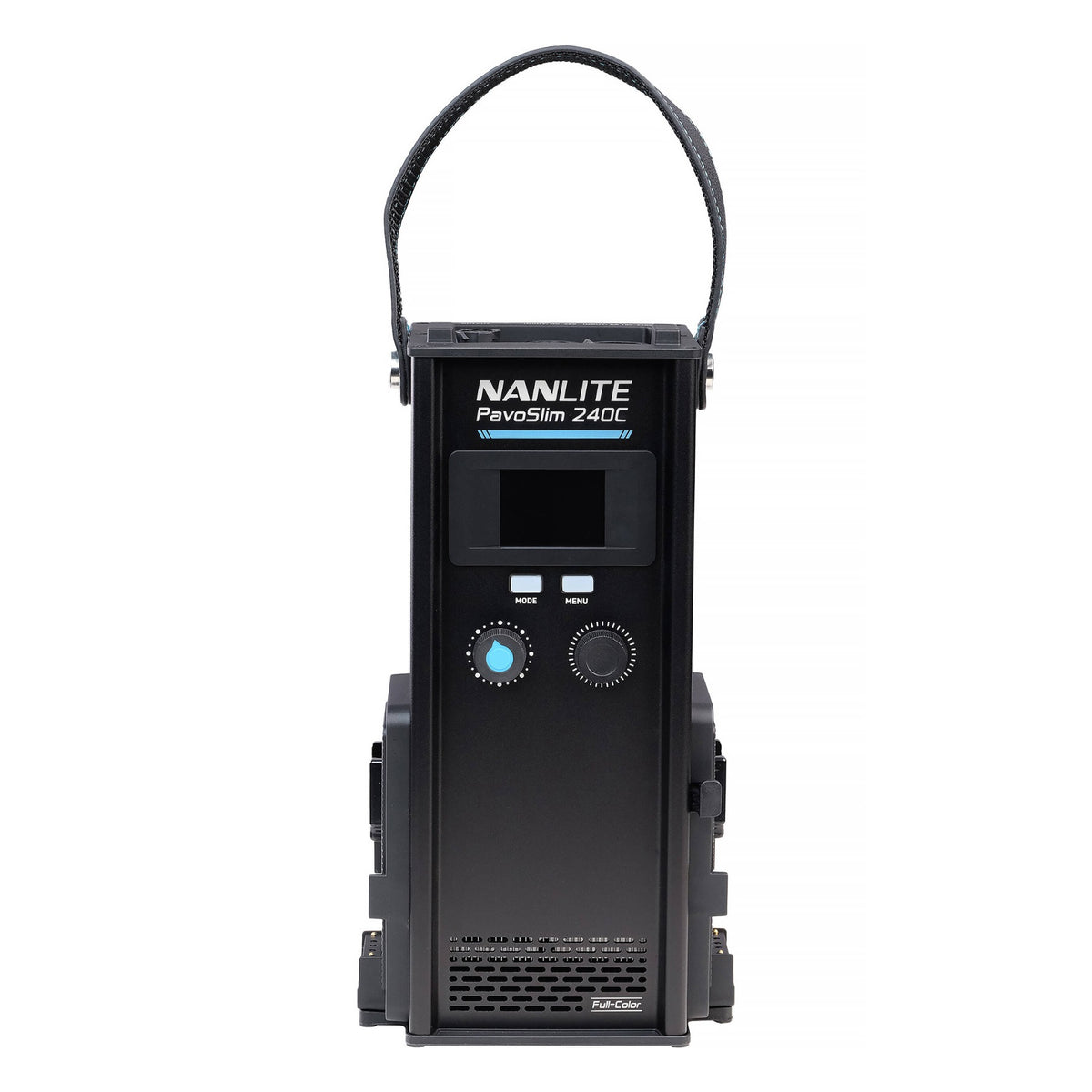 Compact control unit handheld remote for PavoSlim 240C showing LCD screen, MODE and MENU buttons, two knobs, and blue accent accent, with carrying handle.