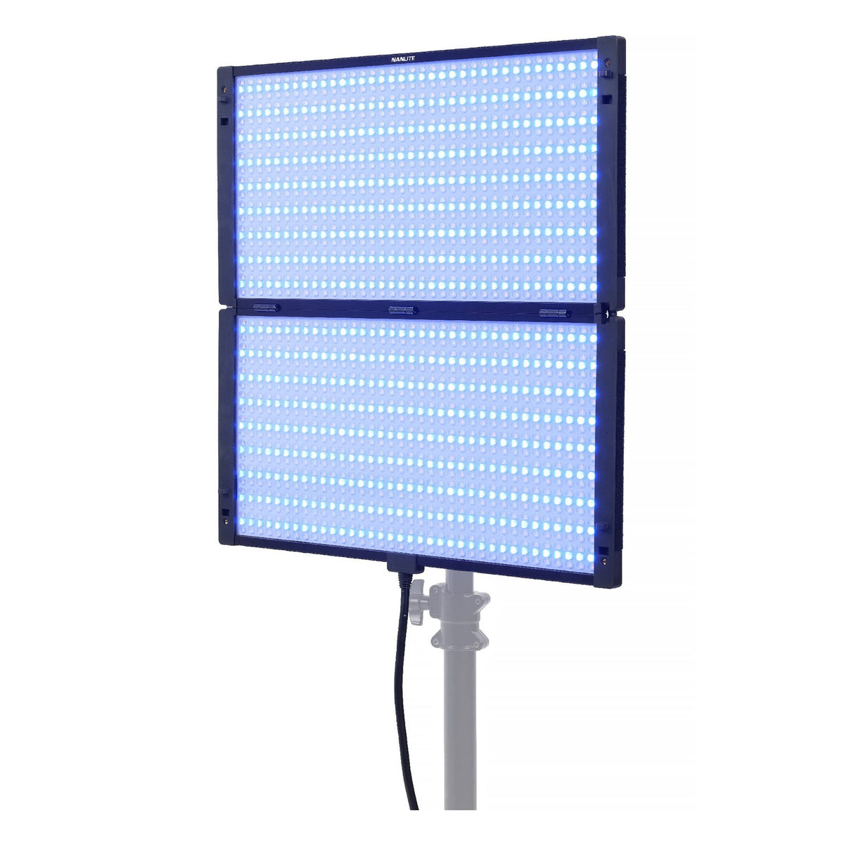 Two stacked PavoSlim 240C panels emitting cool blue-daylight tone, demonstrating dual-panel array in high-kelvin color mode.