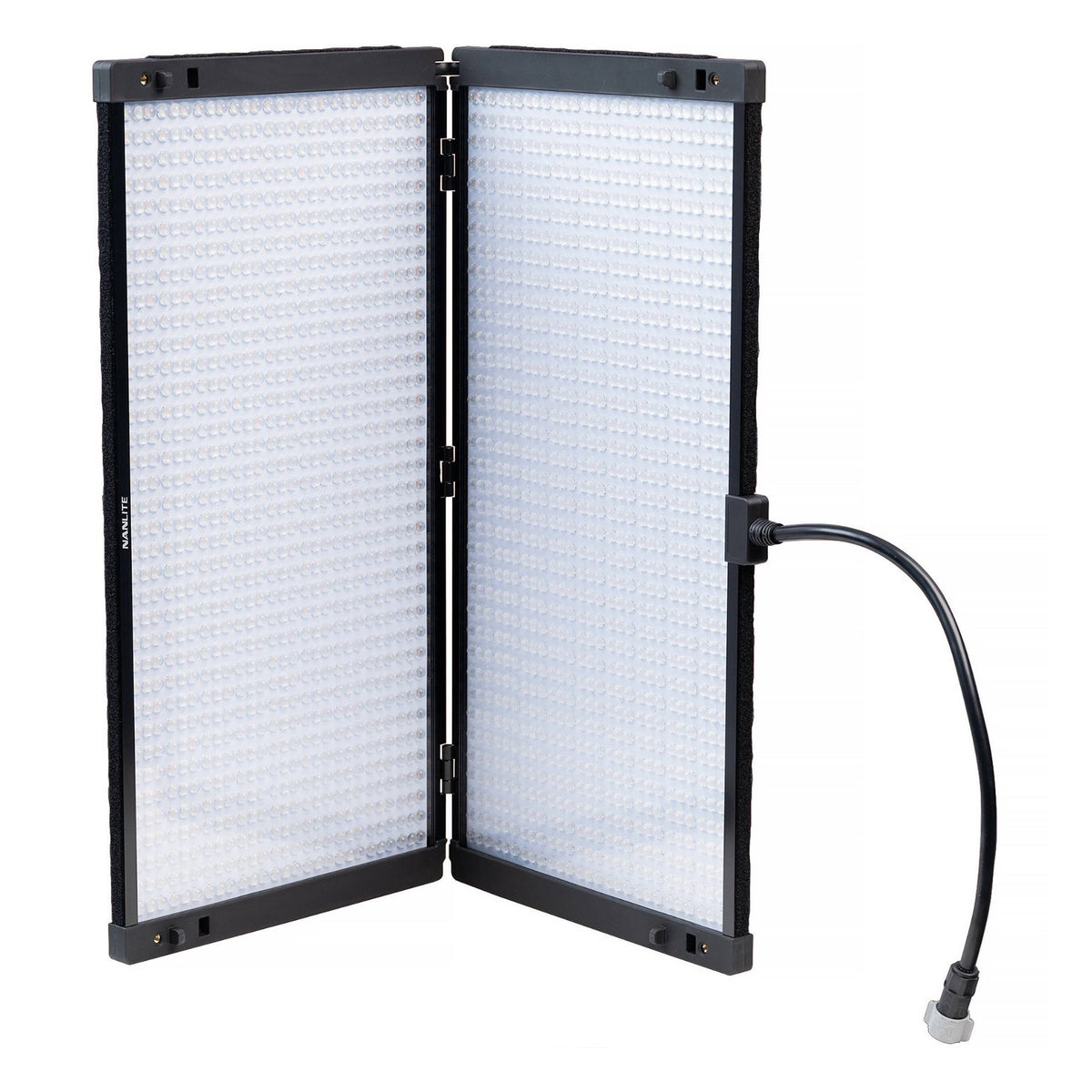 Two individual PavoSlim 240C LED panel frames hinged open showing internal detail and the cable connection between them.