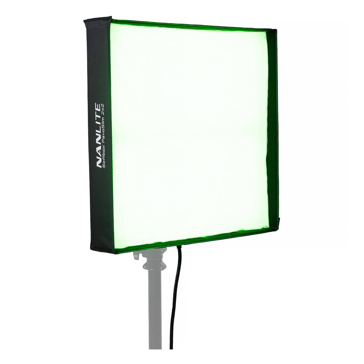 PavoSlim 240C softbox emitting bright green light, mounted on stand, demonstrating full-color RGB capability.