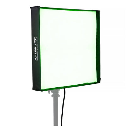 PavoSlim 240C softbox emitting bright green light, mounted on stand, demonstrating full-color RGB capability.