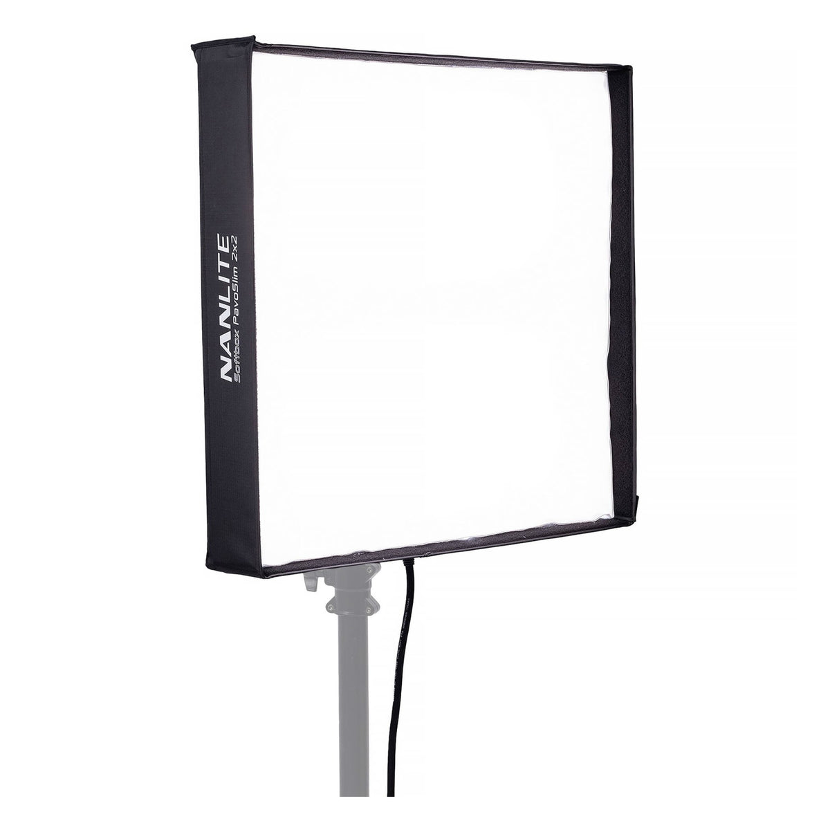PavoSlim 240C with white fabric softbox diffuser attached, mounted on stand against white background, showing the fully-softened front light surface.