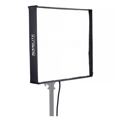 PavoSlim 240C with white fabric softbox diffuser attached, mounted on stand against white background, showing the fully-softened front light surface.