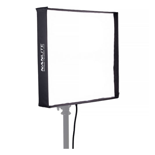 PavoSlim 240C with white fabric softbox diffuser attached, mounted on stand against white background, showing the fully-softened front light surface.