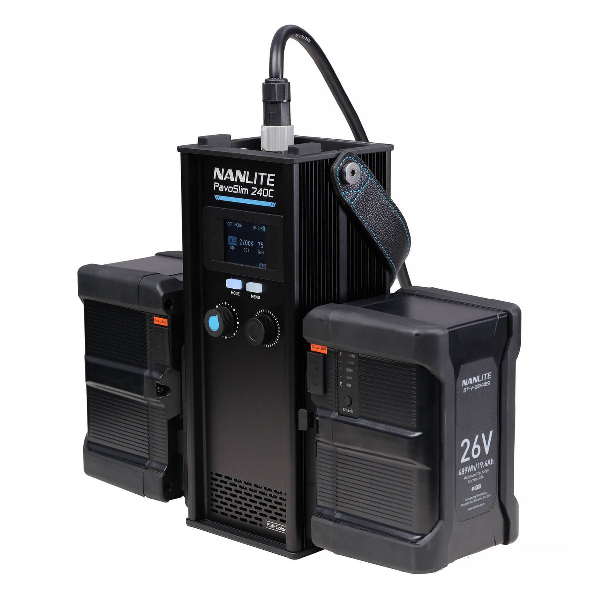 PavoSlim 240C control unit surrounded by two large 26V battery packs, charging cables, and power management accessories for wireless operation.