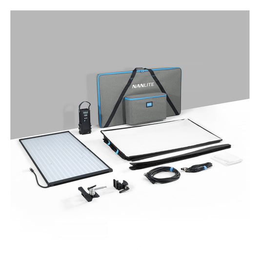 Full PavoSlim 360C kit laid out on a white surface with carry case, two panel units, remote controller, cables, mounting brackets, and accessories arranged flat.