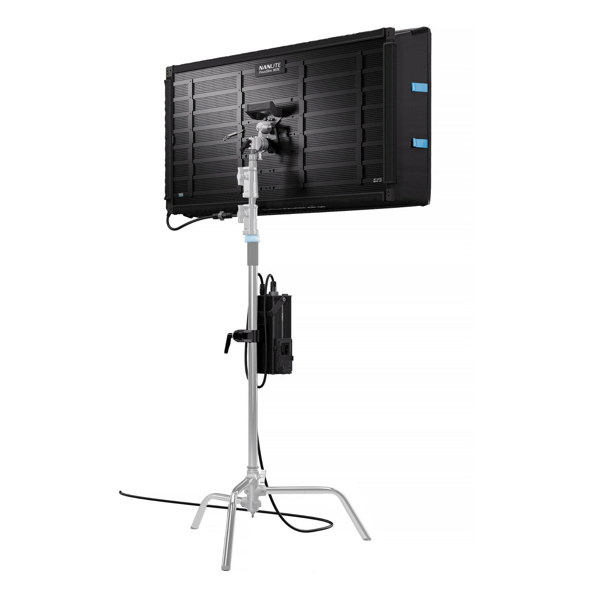 PavoSlim 360C on stand photographed from a three-quarter rear angle, showing the black panel body with blue control elements and cable management.