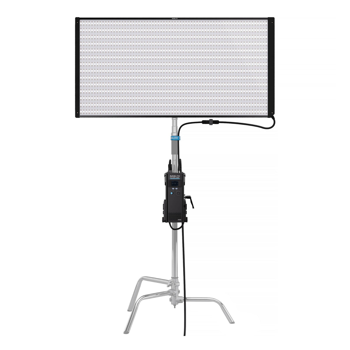 Nanlite PavoSlim 360C mounted on a gray C-stand, with ballast clamped to the stand.