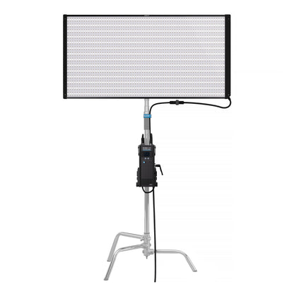 Nanlite PavoSlim 360C mounted on a gray C-stand, with ballast clamped to the stand.