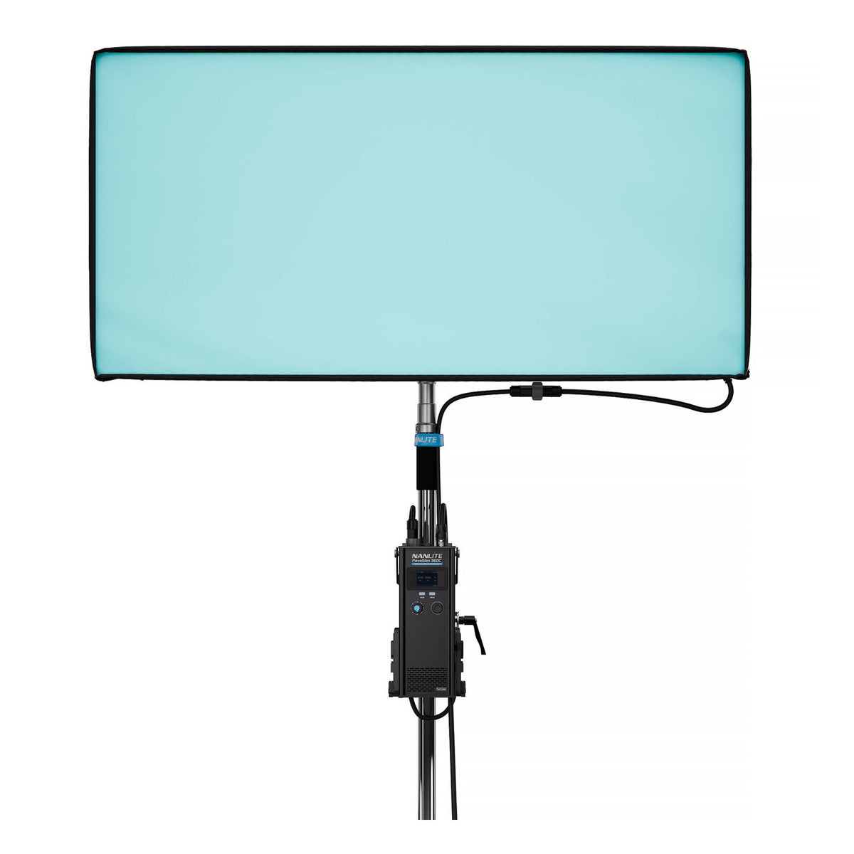 PavoSlim 360C on stand with panel emitting cyan/turquoise light, demonstrating color rendition and RGBWW capability.