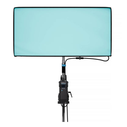 PavoSlim 360C on stand with panel emitting cyan/turquoise light, demonstrating color rendition and RGBWW capability.