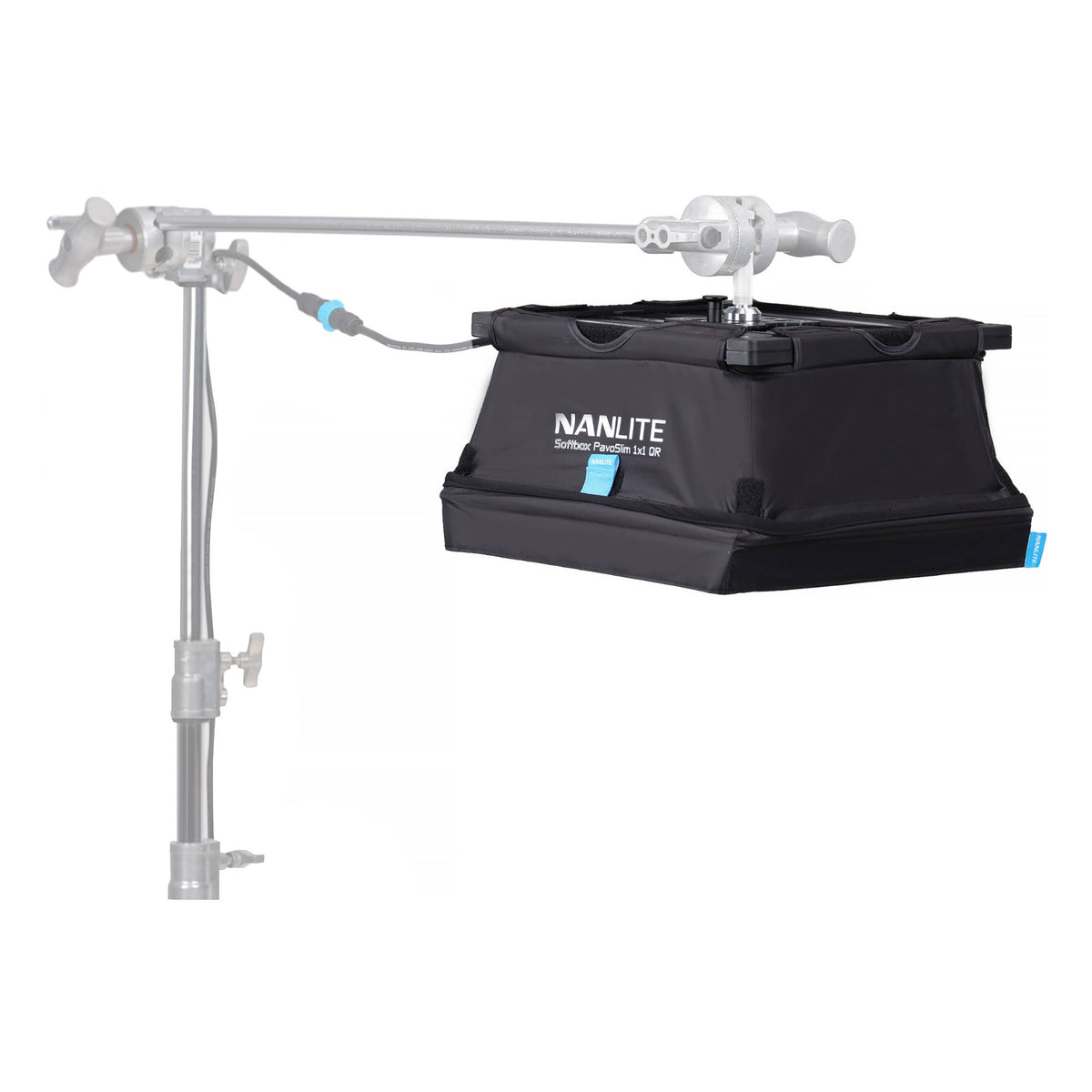 Three-quarter angle view of light on boom arm with panel facing right, showing setup versatility.
