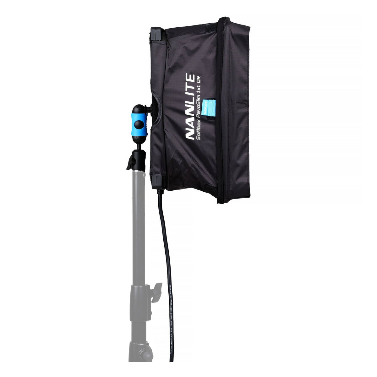 Black soft case with NANLITE branding mounted on stand showing the integrated cable control unit with blue accent indicator.