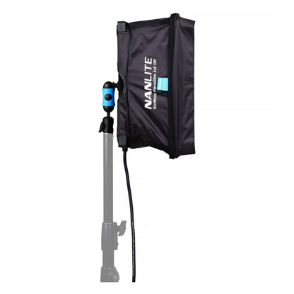 Black soft case with NANLITE branding mounted on stand showing the integrated cable control unit with blue accent indicator.