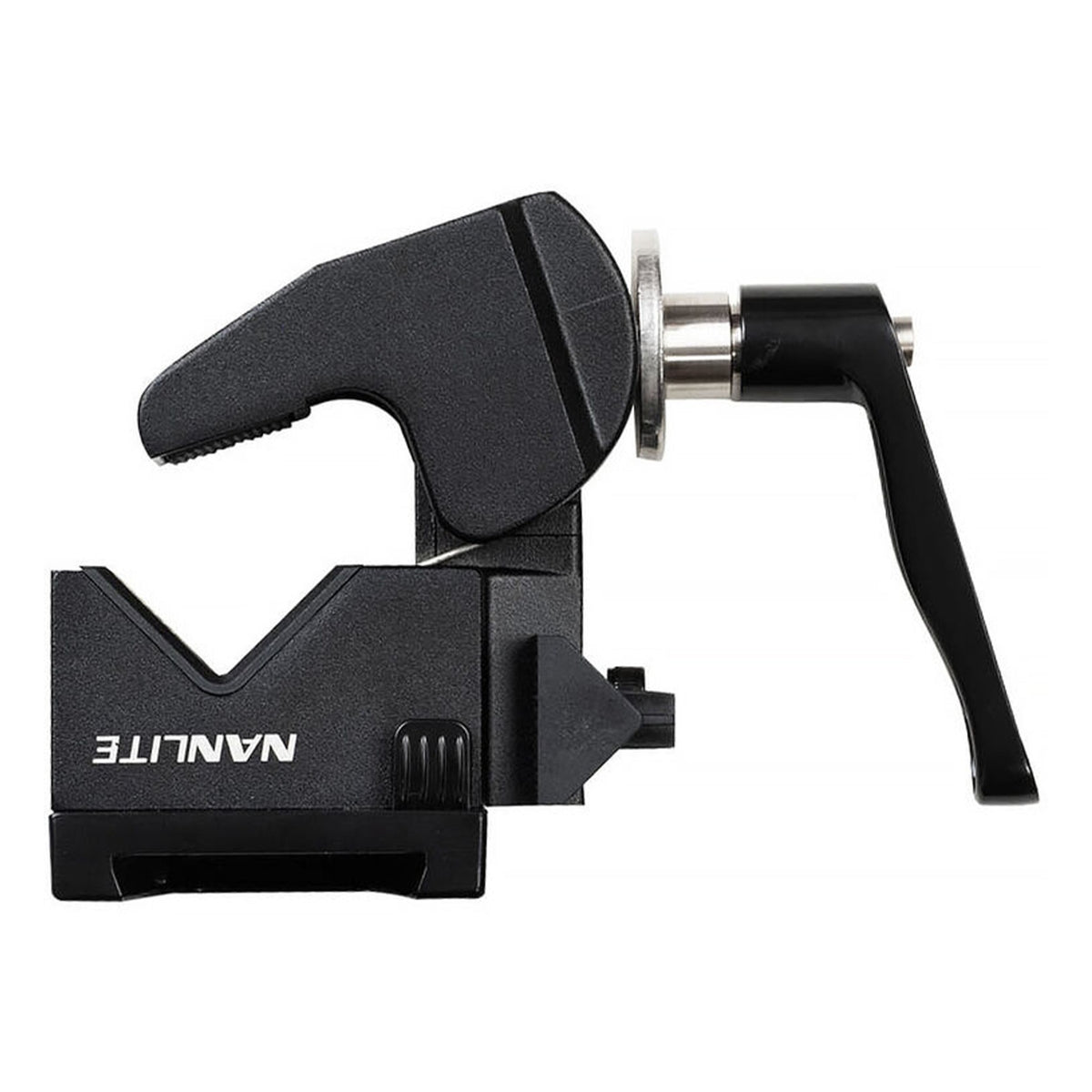 Close-up detail of the black articulating clamp mechanism with dual grip pads.